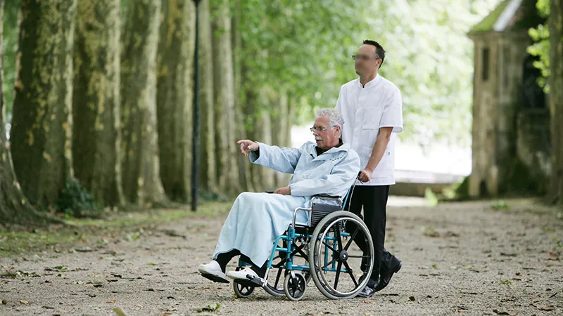 Auxiliaire de vie poussant un homme en fauteuil roulant sur une allée arborée