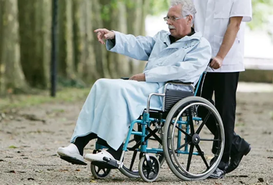 Auxiliaire de vie poussant une personne âgée en fauteuil roulant lors d'une promenade extérieure à Étréchy