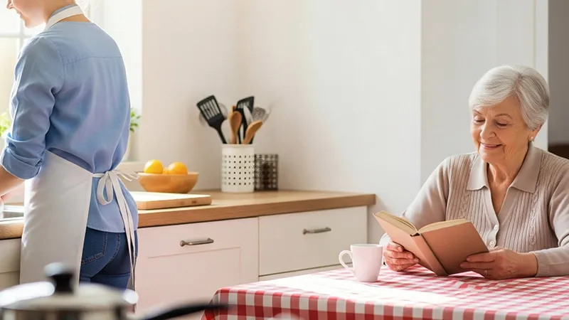 Personne âgée lisant un livre dans sa cuisine pendant qu'une aide à domicile s'active à proximité