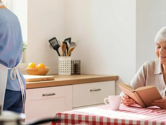 Personne âgée sereine lisant un livre dans sa cuisine pendant qu'une auxiliaire de vie d'ADS Aide à Domicile Services s'occupe des tâches ménagères à Étréchy.