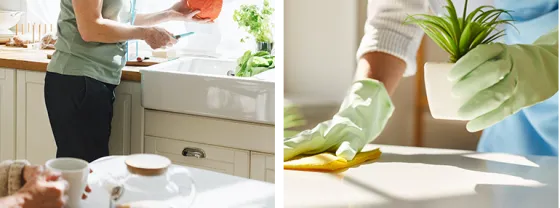 Aide à domicile effectuant l'entretien du logement, nettoyage des surfaces