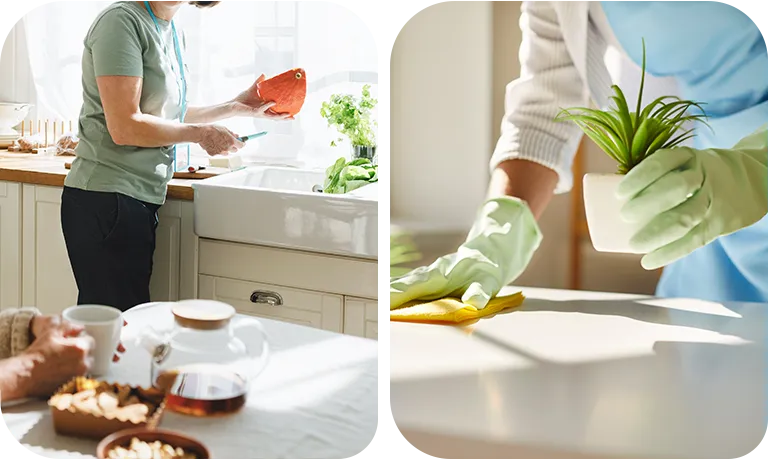 Deux scènes d'entretien du logement, vaisselle dans une cuisine et nettoyage d'une surface avec un chiffon
