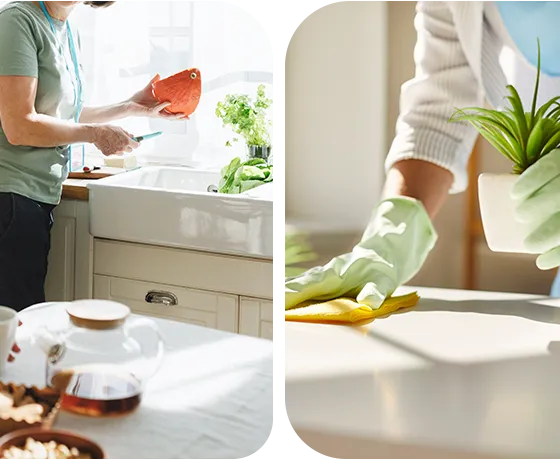 Aide à domicile entretenant les surfaces d'une cuisine avec des gants de protection à Étréchy